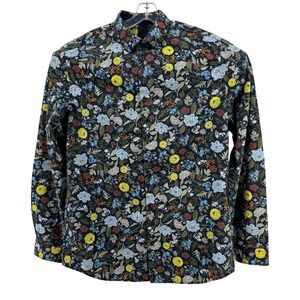 H&M Button Down Shirt Mens Large Black Poly Cotton Floral Slim Fit Casual